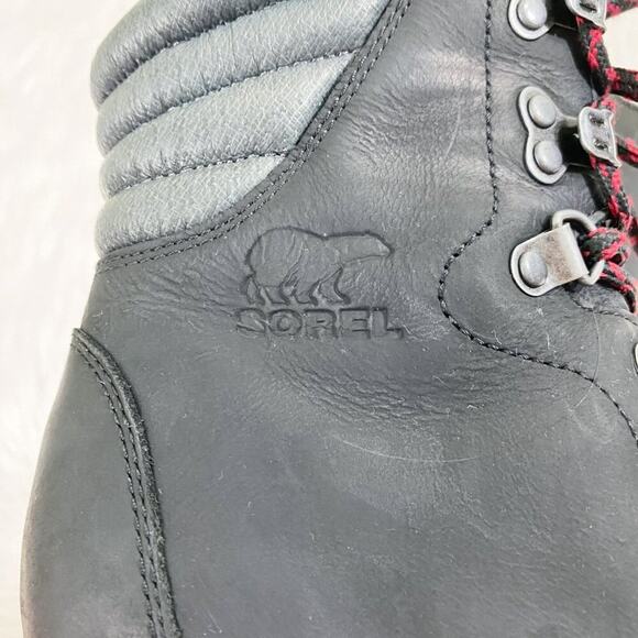 Sorel Black Oiled Leather Conquest Wedge Boots Lace Up Round Toe Women's Size 7 - Picture 4 of 11